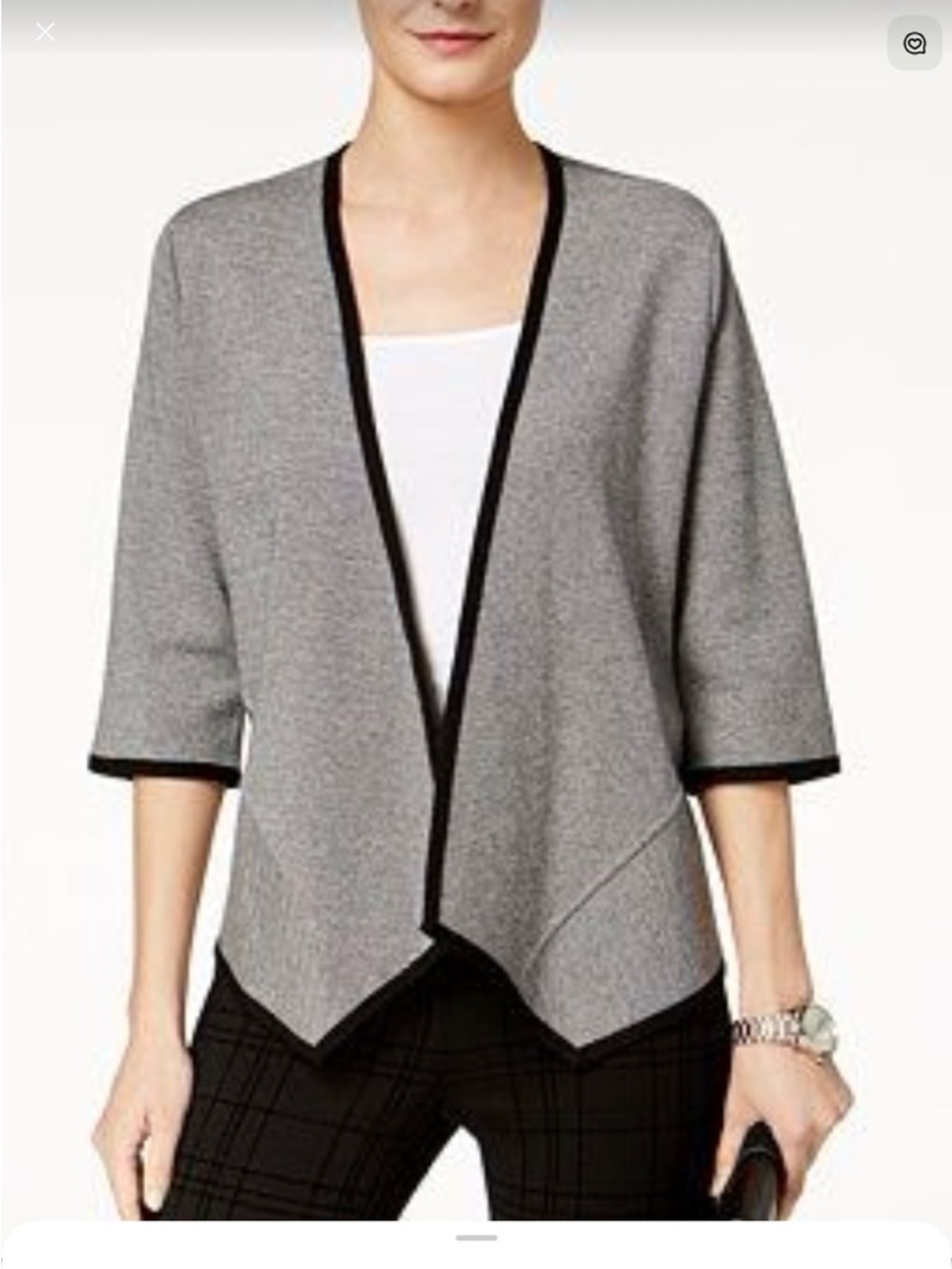 *ALFANI *Heather Gray Open-Front Draped Cardigan with Black Trim